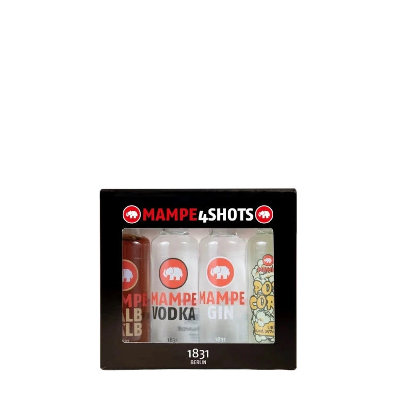 Mampe Minis 4×0,02 l Geschenkset mit vier Mini-Flaschen – Mampe Halb & Halb, Vodka, Gin und Popcornlikör – in schwarzer Box mit Sichtfenster, Berliner Spirituosen im Mini-Format