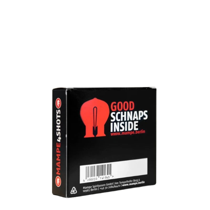 Rückseite der Mampe Minis 4×0,02 l Box mit Aufdruck „Good Schnaps Inside“, schwarze Geschenkverpackung Berliner Spirituosen