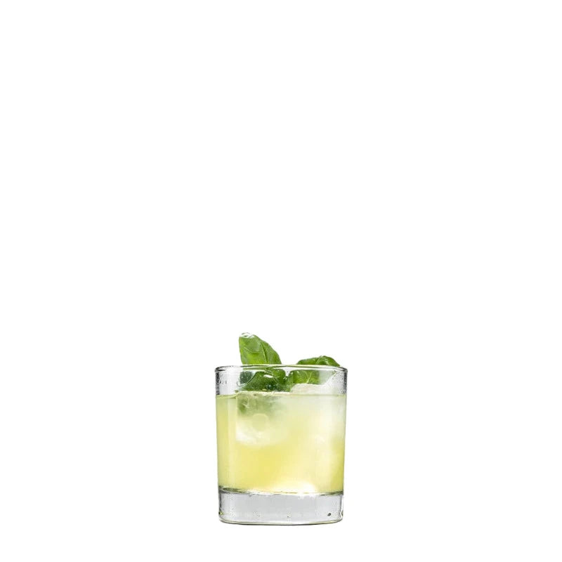 Tumblerglas mit hellgrünem alkoholfreiem Drink auf Eis, garniert mit frischem Basilikum. Die Präsentation wirkt belebend, modern und sommerlich.