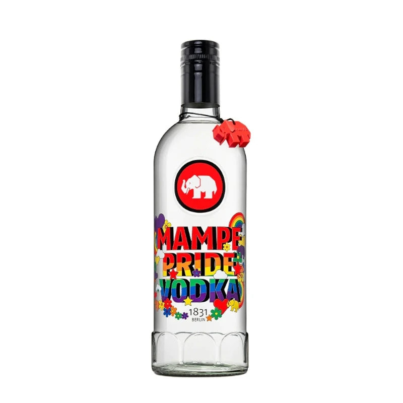 Flasche Mampe Pride Vodka 0,7 l mit farbenfrohem Regenbogen-Design, klarer Premium-Wodka aus Berlin-Kreuzberg mit 40 % vol., Pride Edition mit Mampe-Elefantensymbol