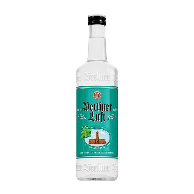 Flasche Schilkin Berliner Luft 0,7 l mit grünem Etikett, klarer Pfefferminzlikör aus Berlin mit 18 % vol., Kultgetränk mit frischem Minzaroma und süßem Geschmack – typisches Berliner Original.