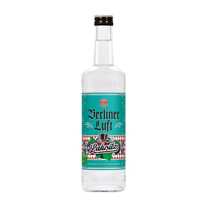 Flasche Schilkin Berliner Luft Lakritz 0,7 l mit schwarzem Etikett, Pfefferminzlikör aus Berlin mit intensiver Lakritznote und 18 % vol., besondere Edition für Partys & Geschenkideen