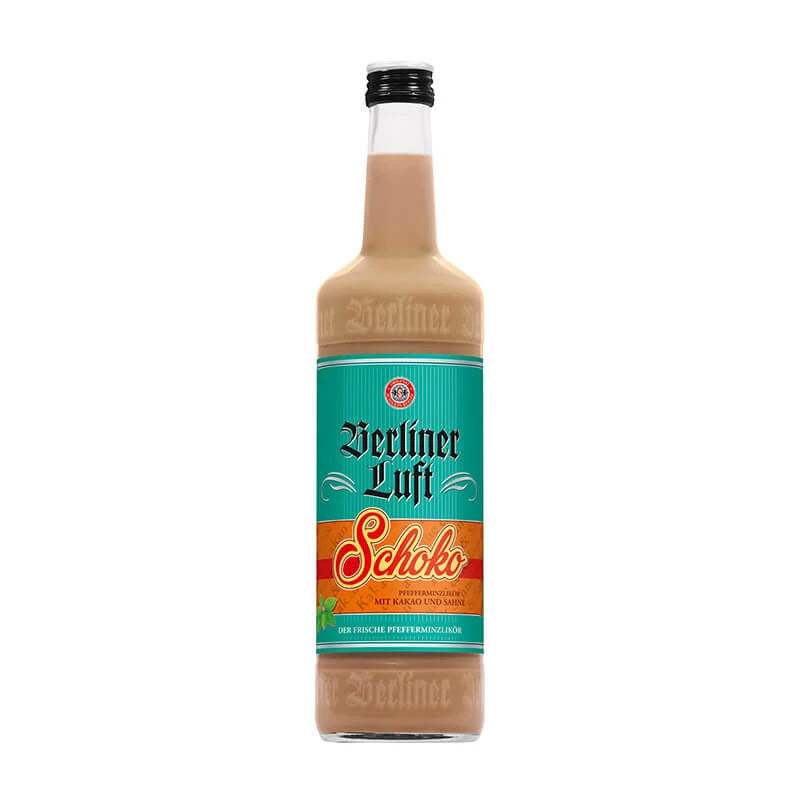 Flasche Schilkin Berliner Luft Schoko 0,7 l mit braunem Etikett, cremiger Pfefferminzlikör aus Berlin mit Schoko-Sahne-Note und 15 % vol., ideal zu Desserts & warmen Getränken
