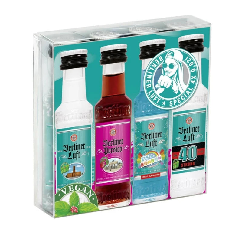Vier Mini-Flaschen Schilkin Berliner Luft Spezial 0,02 l im Set, Mix aus Persico, Pfefferminzlikör, Eisbonbon-Edition & Strong (18–40 % vol.), vielseitiges Berlin-Likörpaket für Partys & Geschenke