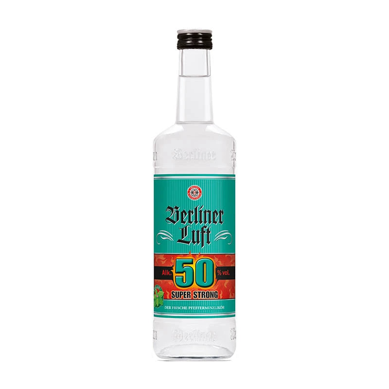 Flasche Schilkin Berliner Luft Super Strong 0,7 l mit schwarzem Etikett, besonders starker Pfefferminzlikör aus Berlin mit 50 % vol., intensiv-frischer Kultlikör für Partys & Bars