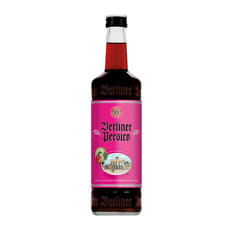 Flasche Schilkin Berliner Persico 0,7 l mit rotem Etikett, fruchtiger Berliner Sauerkirschlikör mit feiner Mandelnote und 16 % vol., ideal für Cocktails & Aperitifs