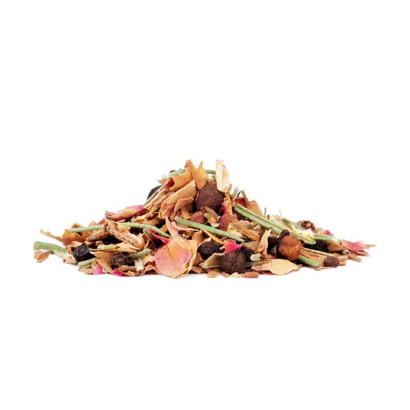 Bunte lose Bio-Glühweingewürz-Mischung von Spicebar mit sichtbaren Zimtstücken, Rosenblättern, Nelken und Gewürzkräutern – ideal für Heißgetränke im Winter.