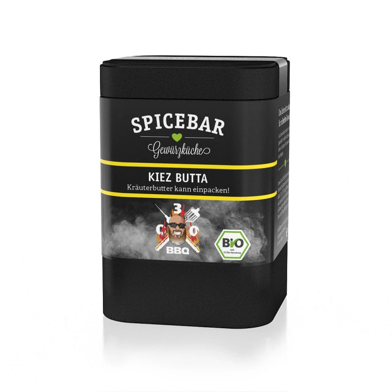 Spicebar Bio-Gewürzmischung 'Kiez Butta' in schwarzer Dose mit gelbem Akzent und Grillmotiv – perfekt für Kräuterbutter und BBQ.