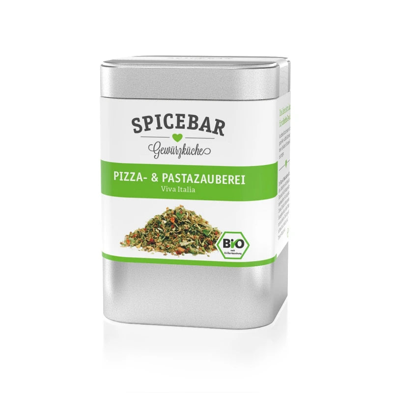 Metallische Gewürzdose mit grünem Etikett „Pizza- & Pastazauberei – Viva Italia“, bebildert mit Kräutermischung.